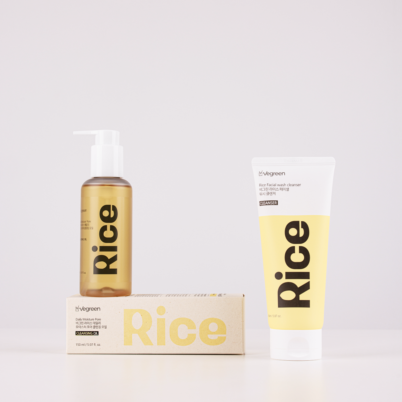 vegreen Rice Facial Wash Cleanser och Rice Cleansing Oil 150 ml tub och flaska samt förpackning